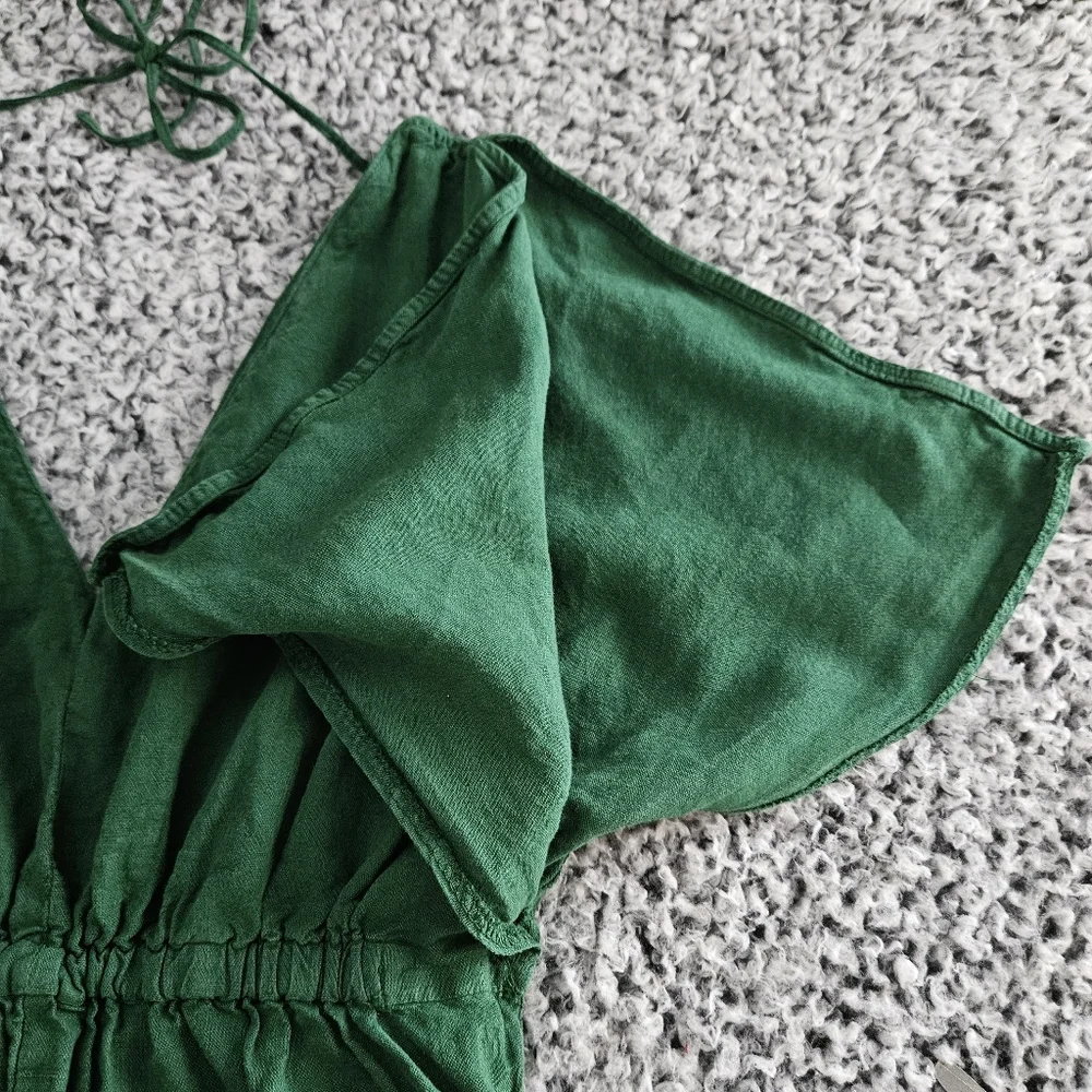 Zara Green Jumpsuit XS Rustic Linen Blend Wide Leg V-Neck Tie Back Short Sleeve